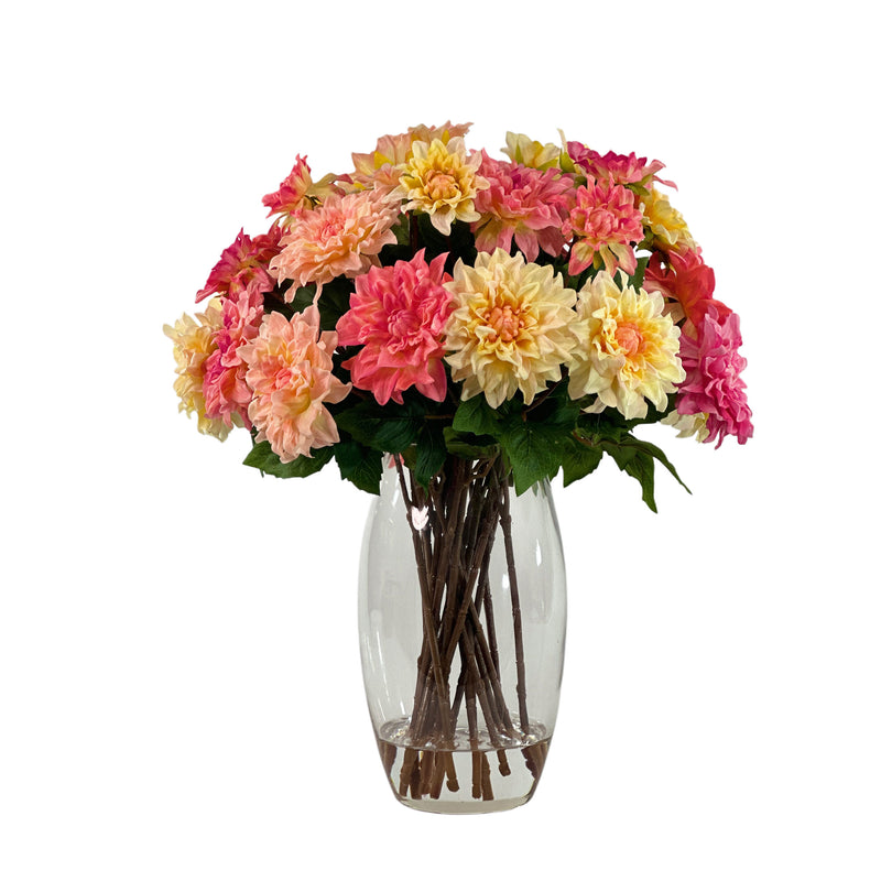 Faux Dahlia Arrangement mixed colours 56cm high  in Barrel Vase Set in Faux Water