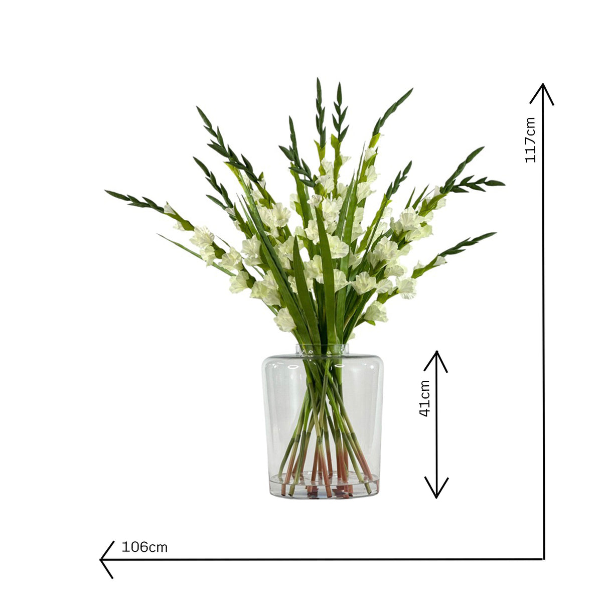 Faux Gladioulus Tall white Arrangement in Larhe Glass vase with measurements 106cm wide an 117cm tall