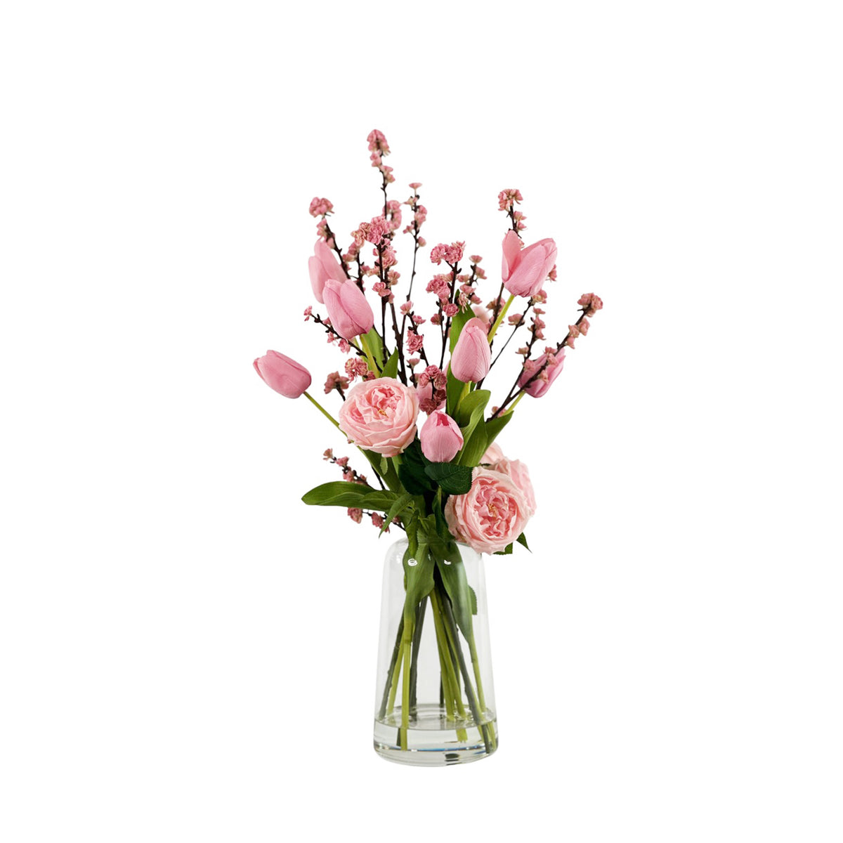Mix Rose Tulip Cherry blossom Arrangement in Glass Vase