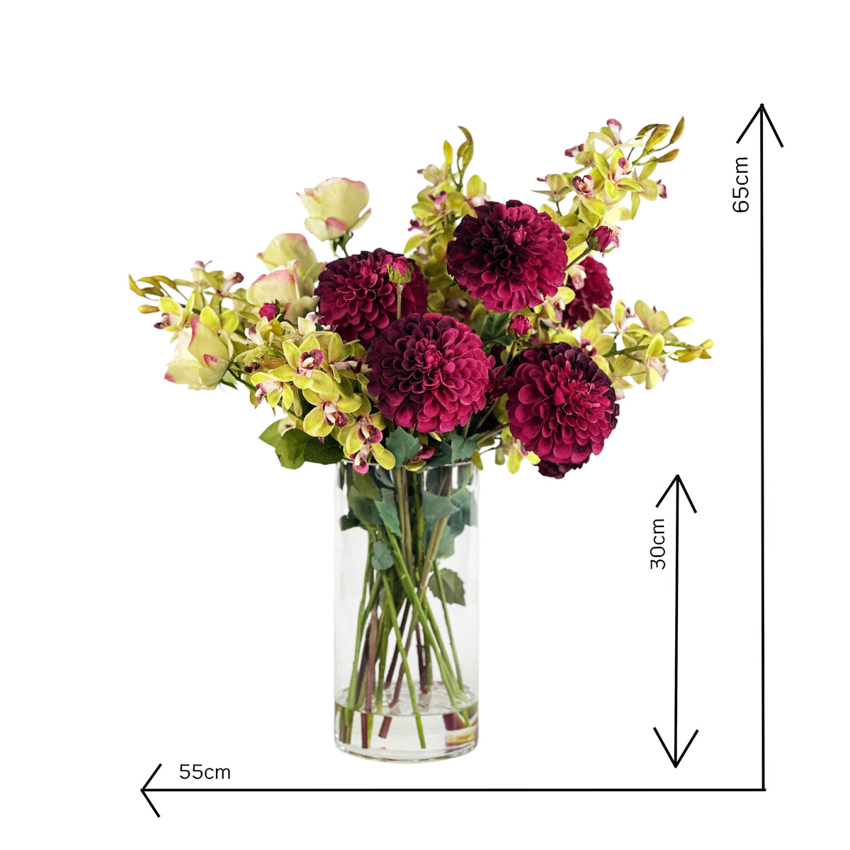 Bouquet of flowers in a clear vase with dimensions indicated on a white background