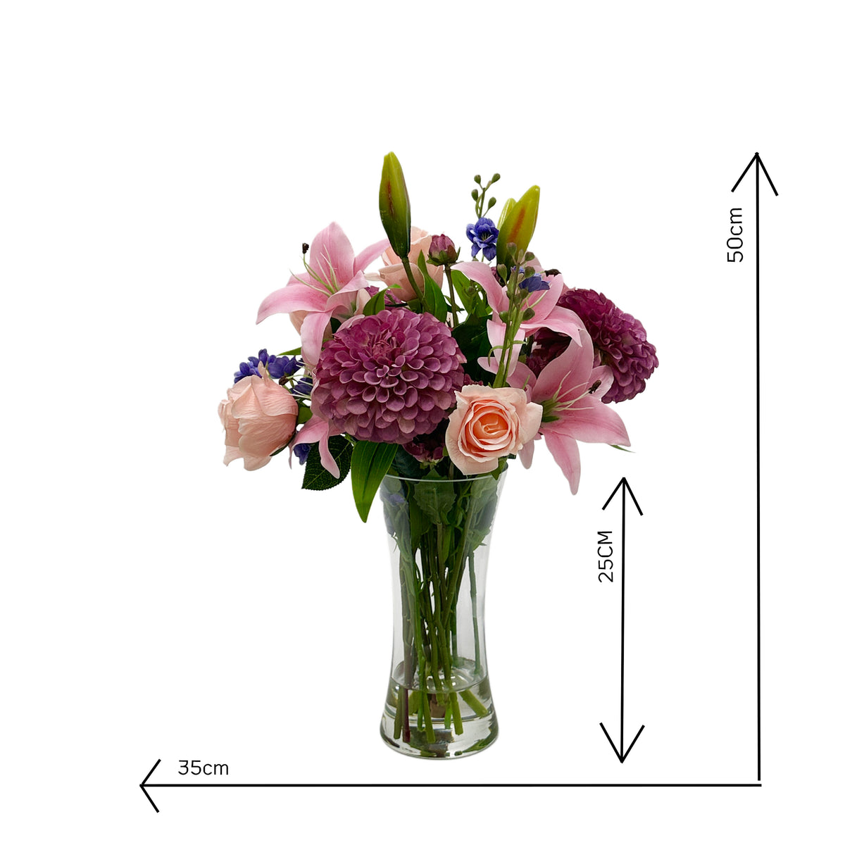 Bouquet of Faux flowers including Lily  Dahlia and roses in a clear vase with dimensions indicated on a white background