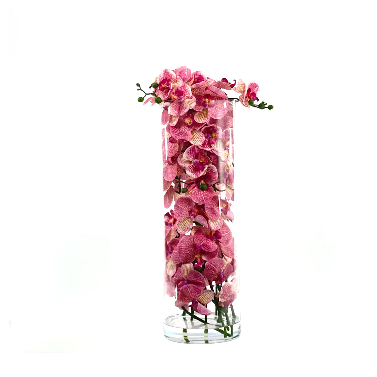 Artificial Phalaenopsis Orchid Arrangement Pink in Tall Cylinder Vase Set in Faux Water