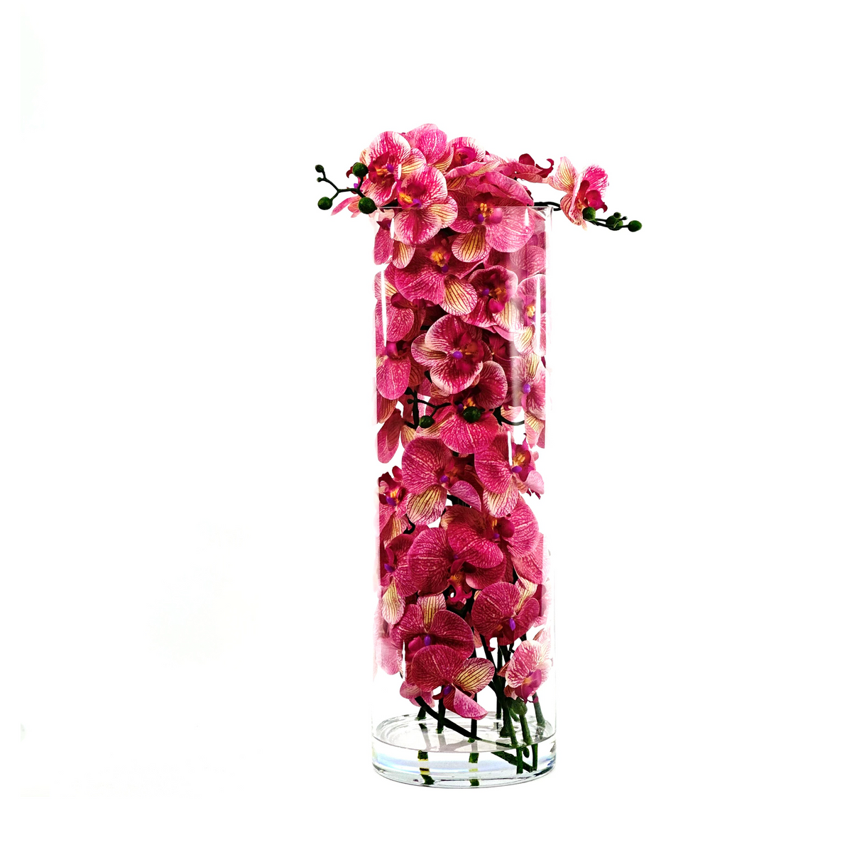 Faux Phalaenopsis Orchid Arrangement Pink in Tall Cylinder Vase Set in Faux Water