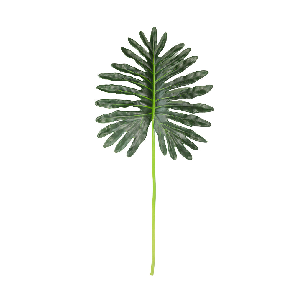 A single artificial green philodendron leaf with a long light green stem, centered on a plain white background.