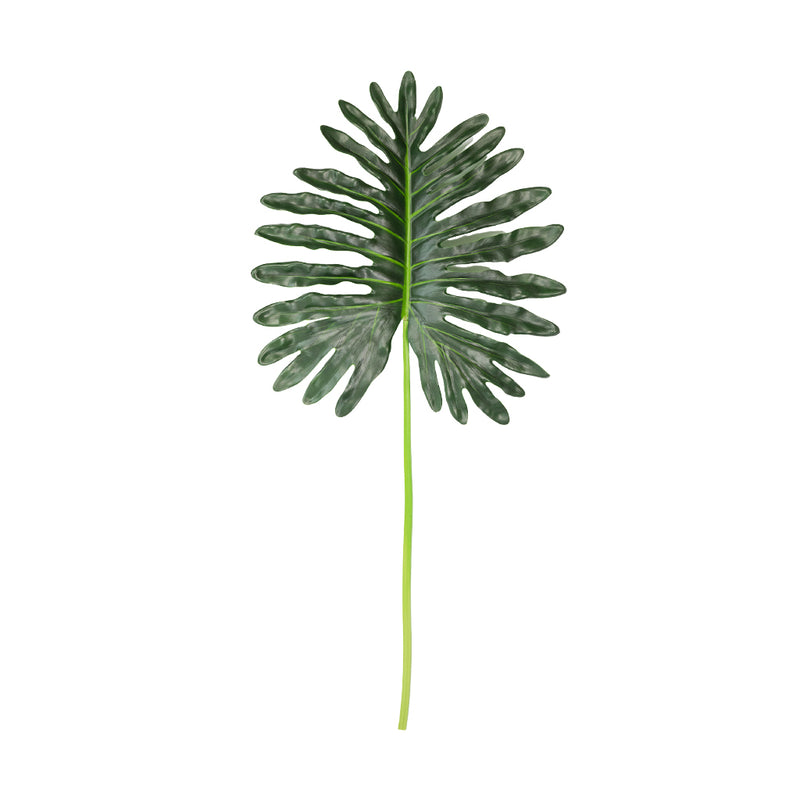 A single artificial green philodendron leaf with a long light green stem, centered on a plain white background.