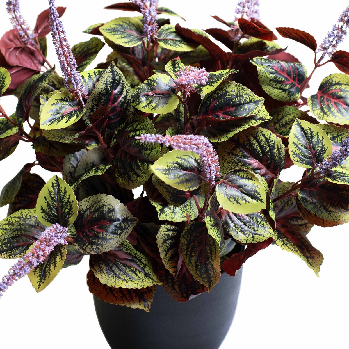 FAUX PERILLA BUSH WITH PURPLE FLOWERS 50CM CLOSE UP