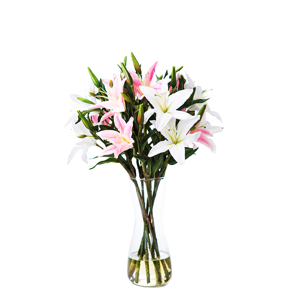 Artificial Pink and White Lily Arrangement in faux water 