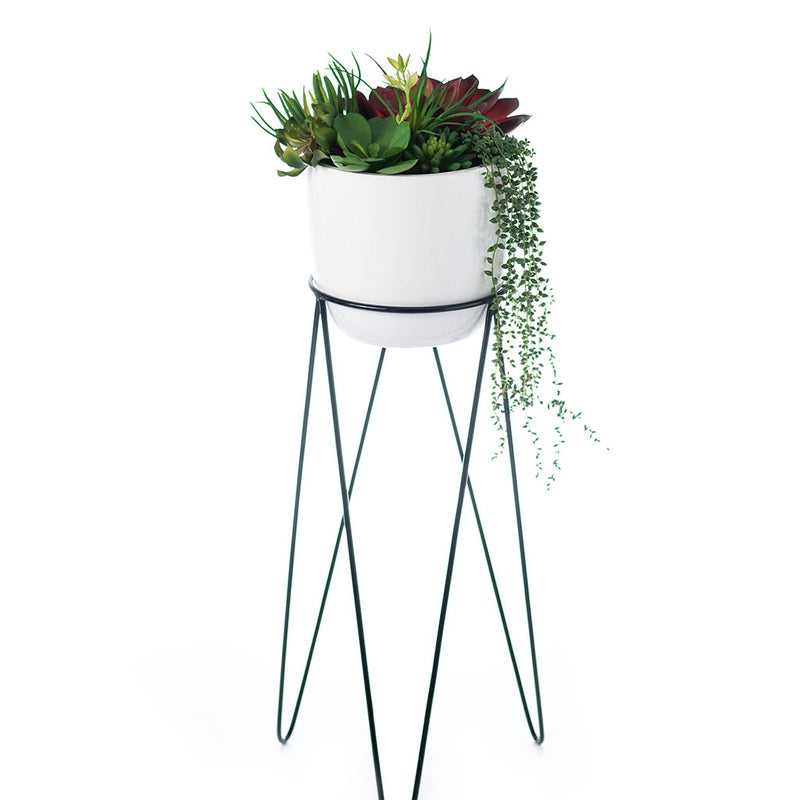 Plant Couture - Artificial Plant Pot - Montana Large - White Pot On Stand With Artificial Succulents 